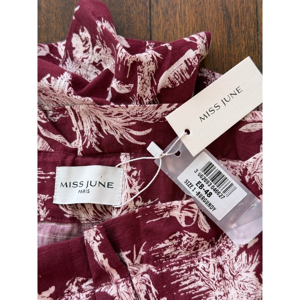 Miss June Paris Burgundy Tropical Palm Toile Paperbag Waist Cotton Shorts Size 1 - Picture 8 of 10